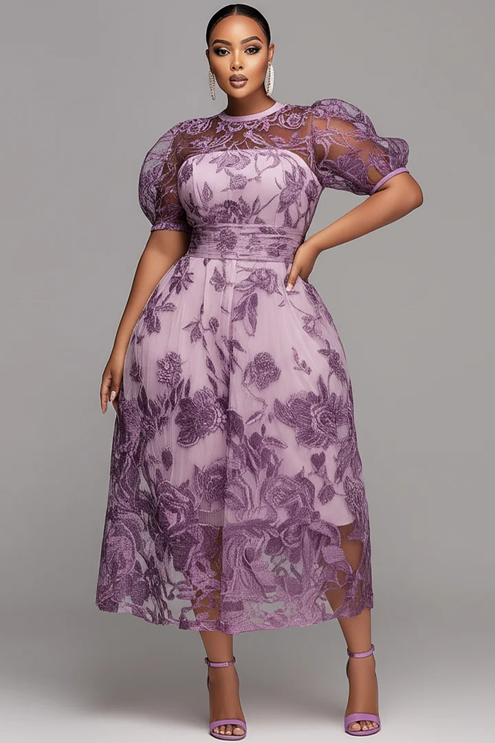 Xpluswear Design Plus Size Mother Of The Bride Purple Round Neck Puff Sleeve Short Sleeve See Through Lace Midi Dresses 2024 - Xpluswear
