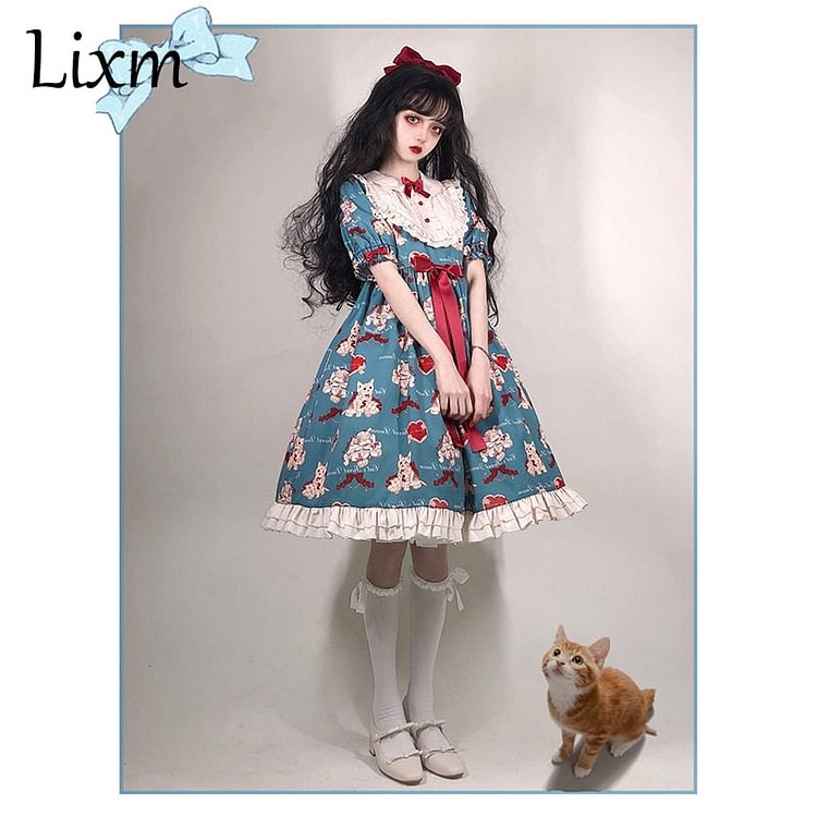 Japanese Sweet Kawaii Lolita dress gray-green wish cat Lolita cat Vintage Victorian Gothic Bow Princess Tea Party Dresses - BlackFridayBuys