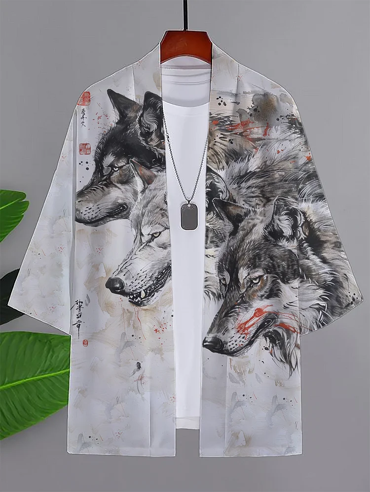 Men's Ink Painting Wolf Print Casual Kimono Cardigan