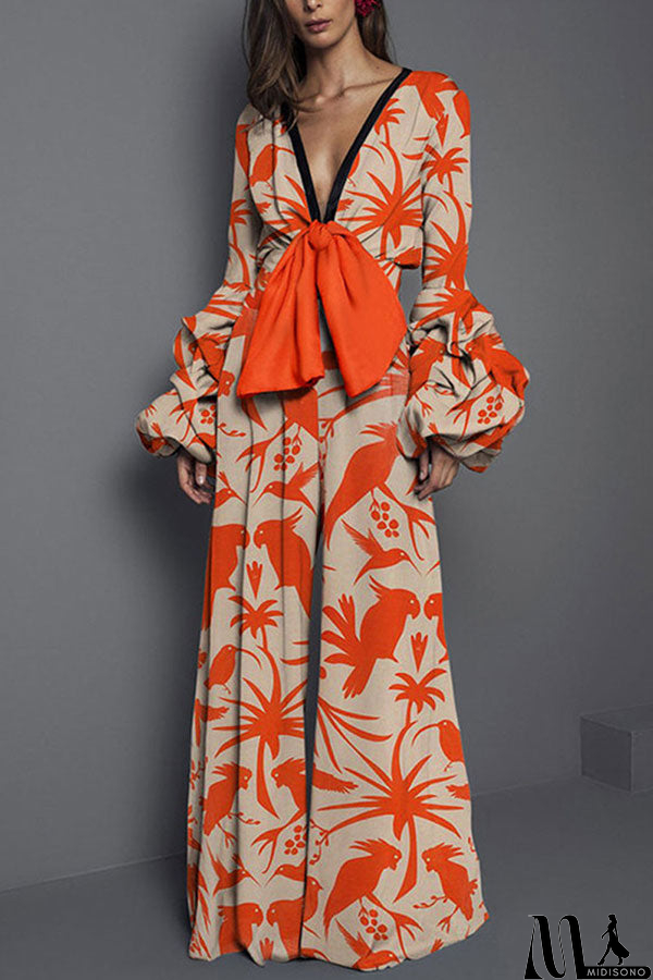 MidiSono - Floral V-neck Trumpet Sleeves Jumpsuit