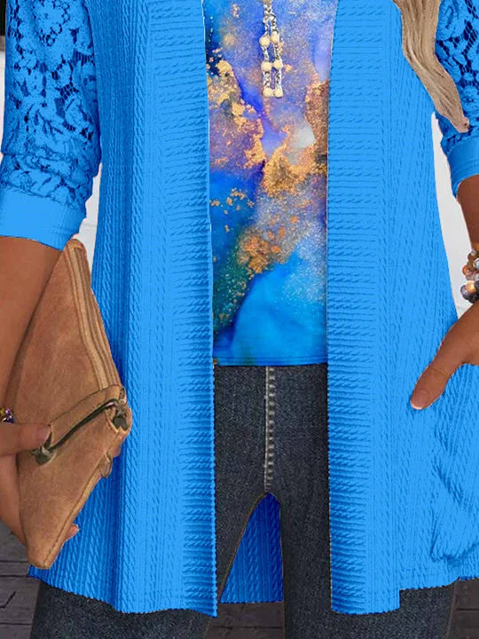 Women Long Sleeve Scoop Neck Floral Printed Graphic Pockets Lace Two-Pieced Tops