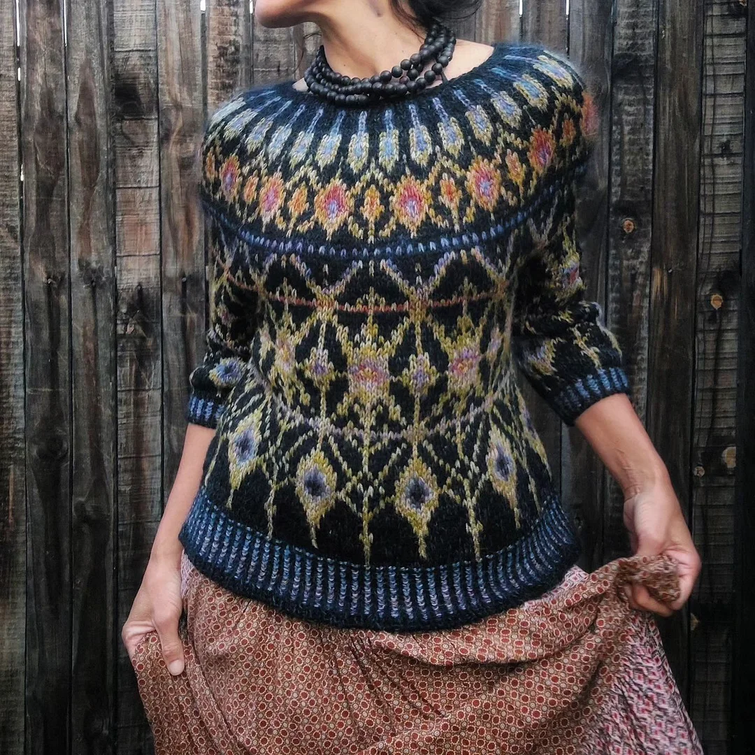 Vintage Icelandic Geometric Crew Neck Long Sleeve Knitted Sweater
