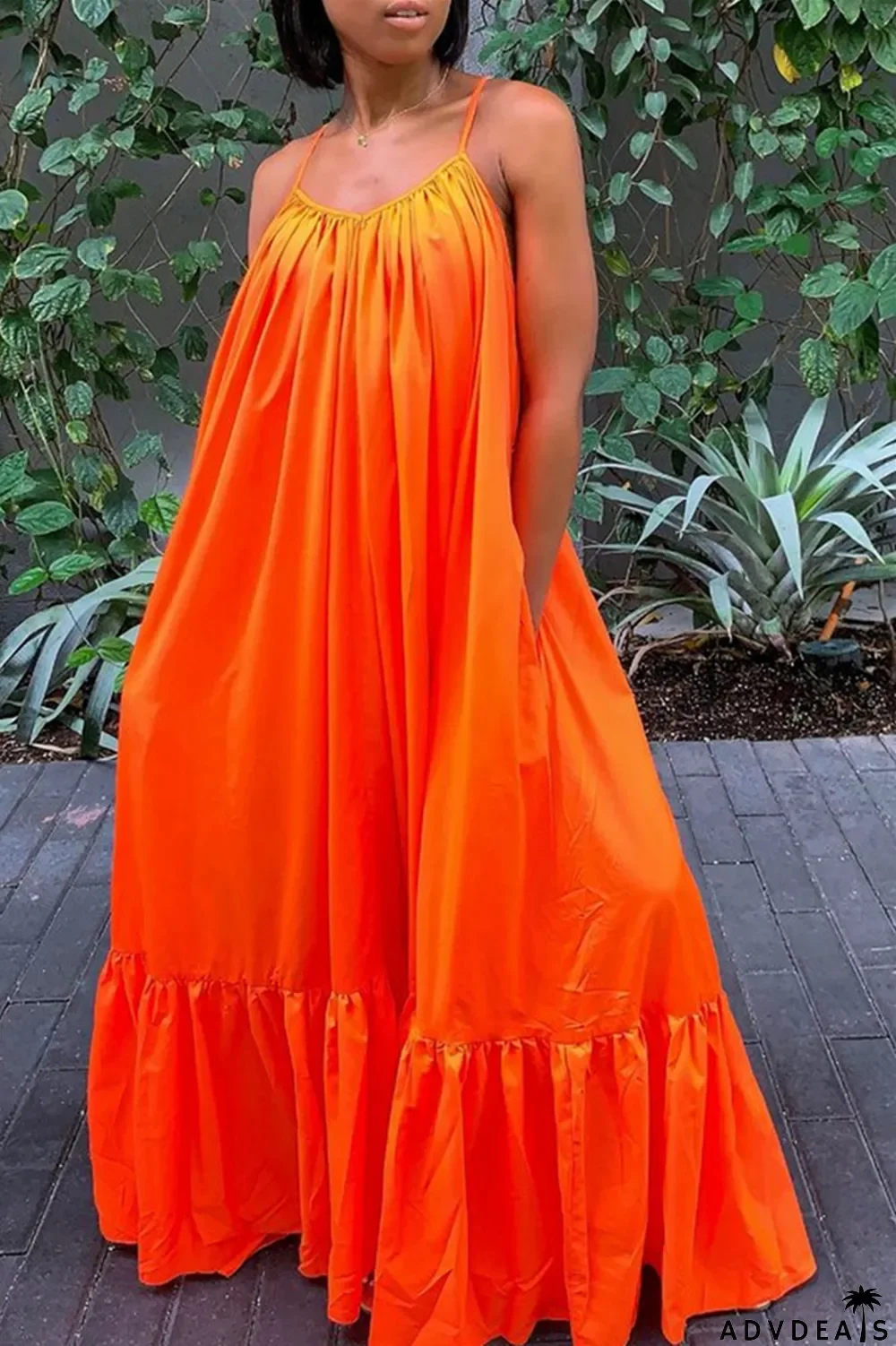 Dark Gray Sexy Casual Solid Backless Spaghetti Strap Loose Sling Dress