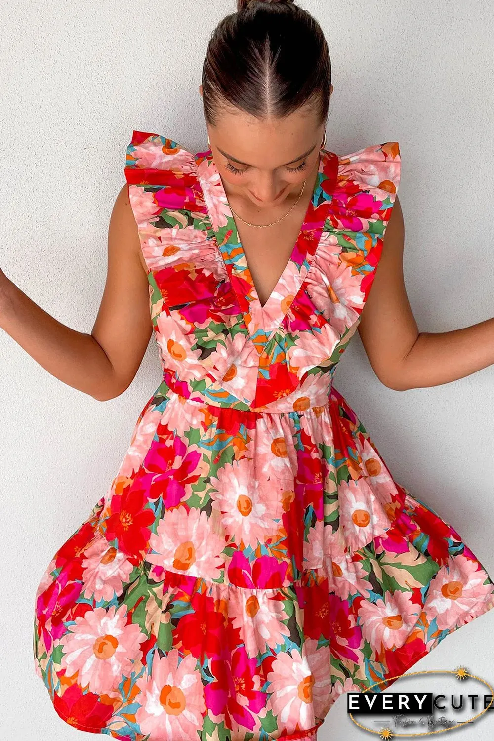 Red Floral Sleeveless V Neck Frill Mini Dress
