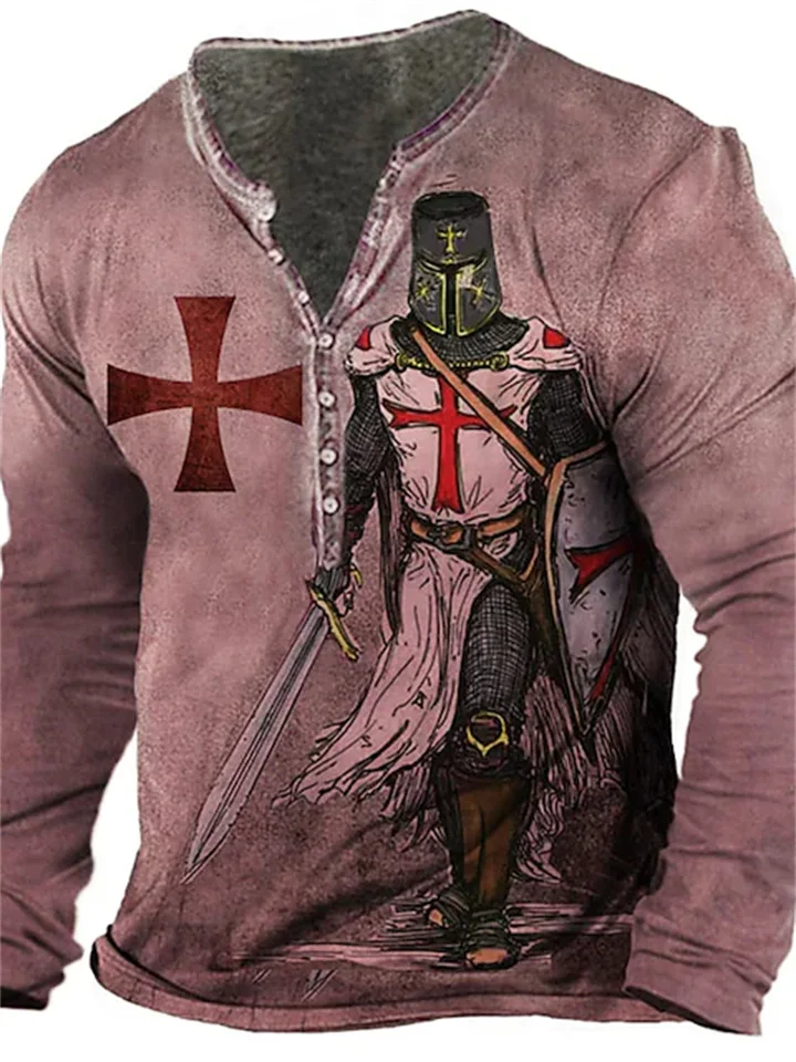 Men's Henley Shirt T shirt Tee Tee Graphic Templar Cross Soldier Henley Green Purple Light gray Red Brown 3D Print Plus Size Outdoor Daily Long Sleeve Button-Down Print Clothing Apparel Basic