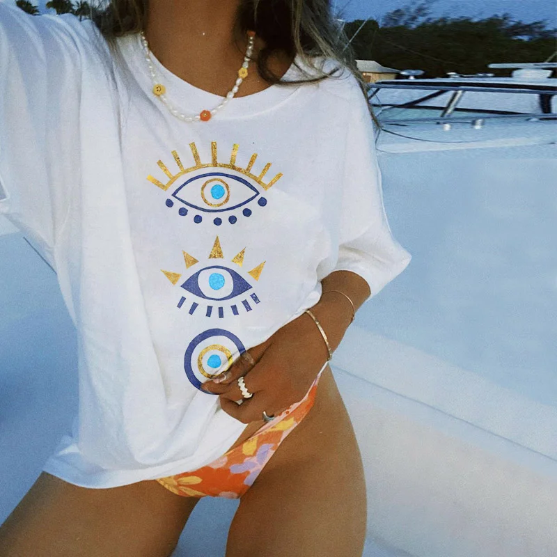   Mysterious Eye Print Loose White T-shirt Designer - Neojana