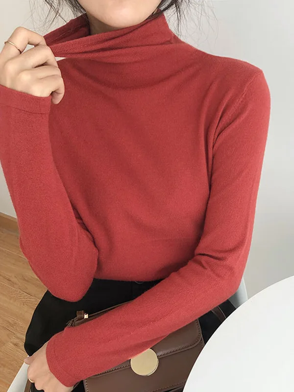 Long Sleeves Skinny Solid Color High-Neck T-Shirts Tops