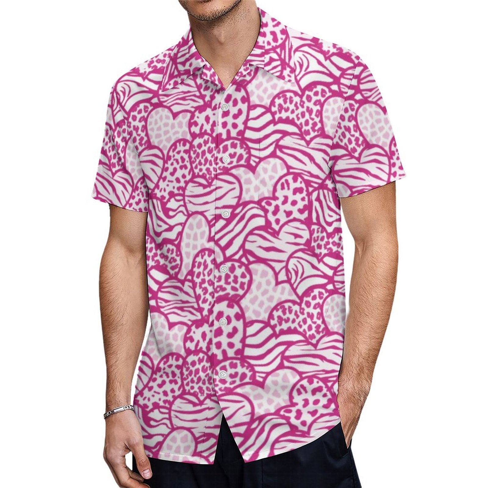 Pink Contour Girly Animal Print Hearts Wallet Hawaiian Shirt Mens Button Down Tropical Hawaii Beach Shirts