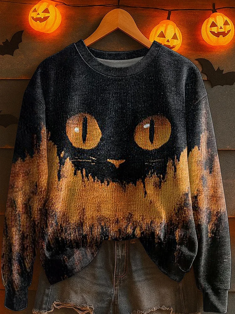 Women's Halloween Black Cat Knitted Sweater