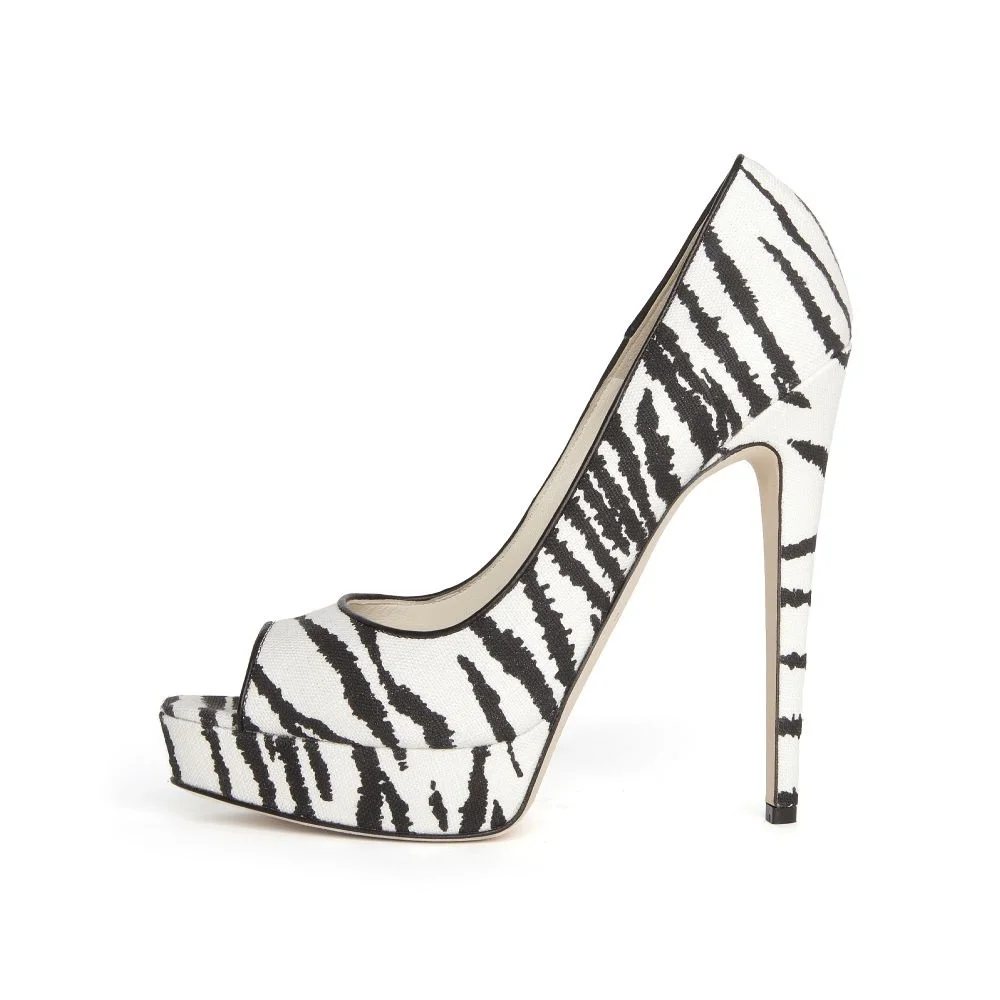 Black and White Zebra Print Peep Toe Platform Heel Pumps Nicepairs