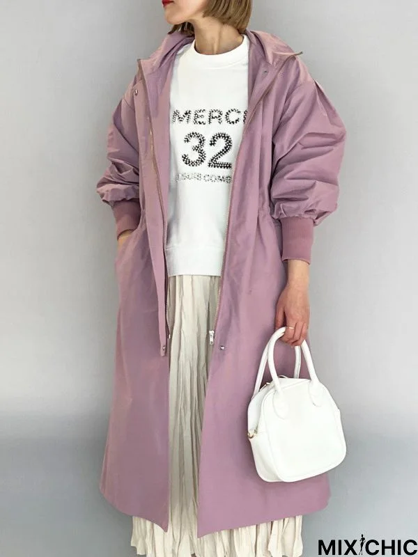 Loose Long Sleeves Drawstring Solid Color Zipper Hooded Trench Coats Outerwear