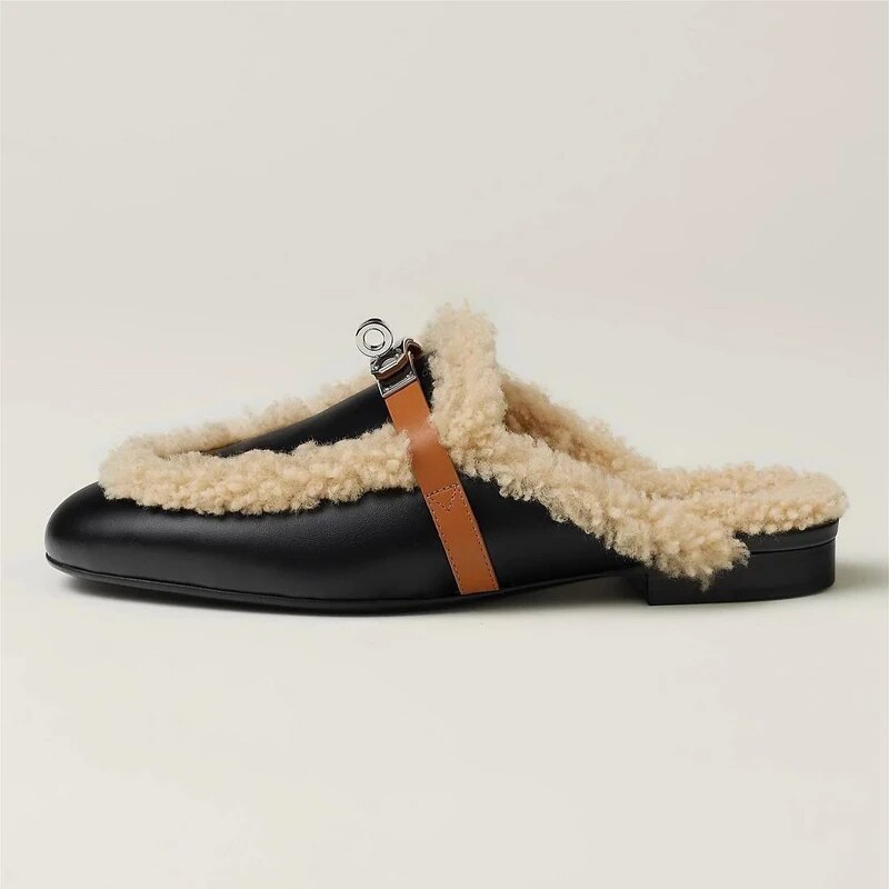 VCSHOES Suede Half Slippers Real Wool Lamb For Women Style Outdoor Flats All-Match Slippers
