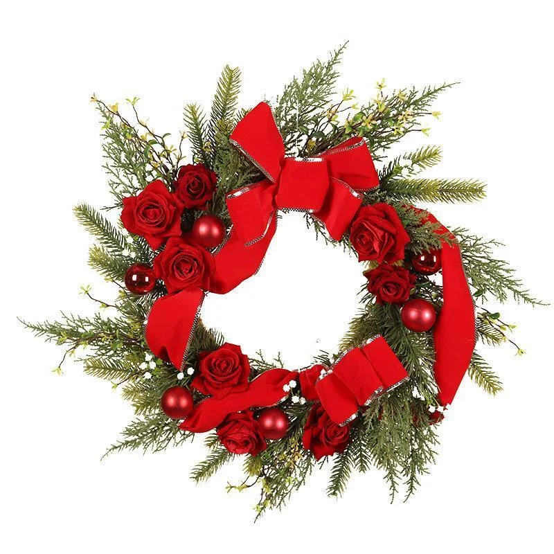 Red Velvet Bowknot Rose Christmas Wreaths For Front Door