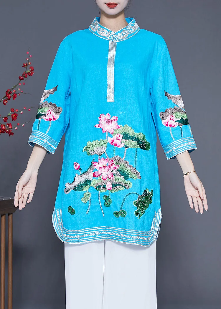 Handmade Blue Lotus Embroideried Linen Mid Dress Summer