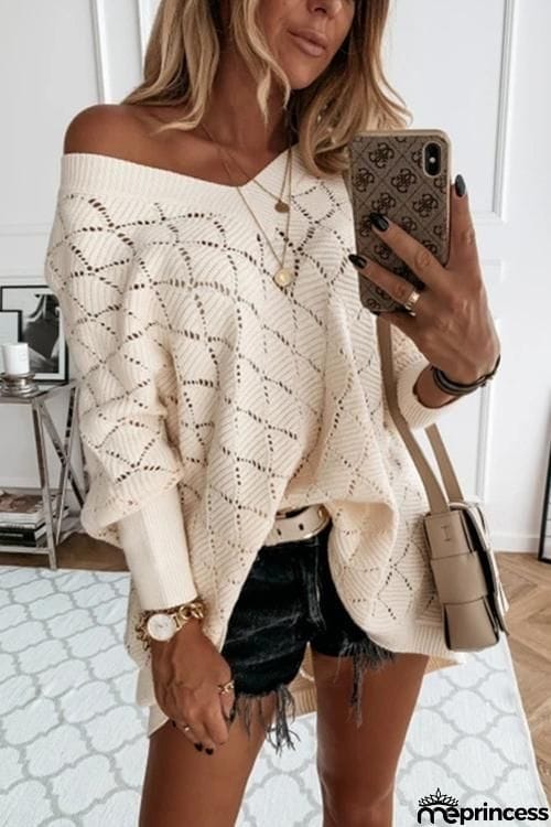 Hollow Out Batwing Sleeve V Neck Sweater