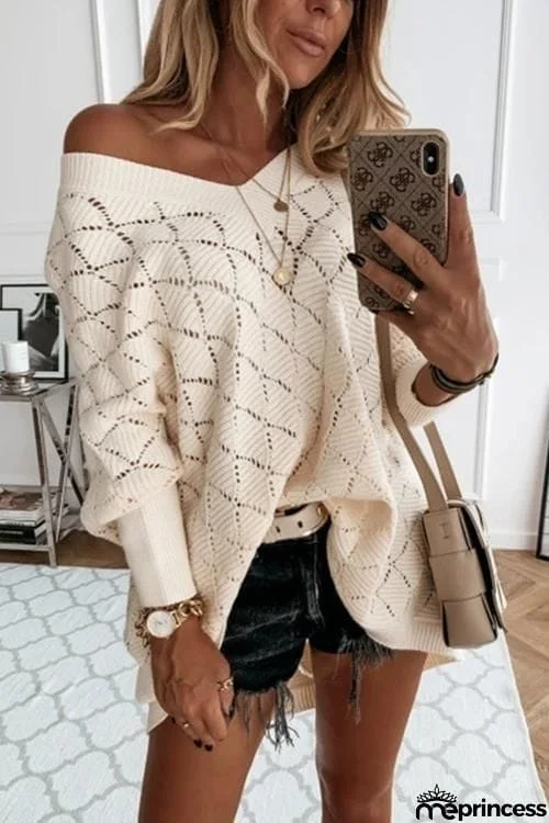 Hollow Out Batwing Sleeve V Neck Sweater
