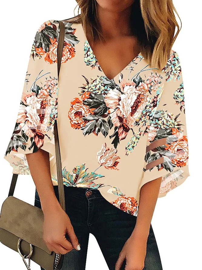 Floral Print Plus Size Bell Sleeve Women Summer Blouses