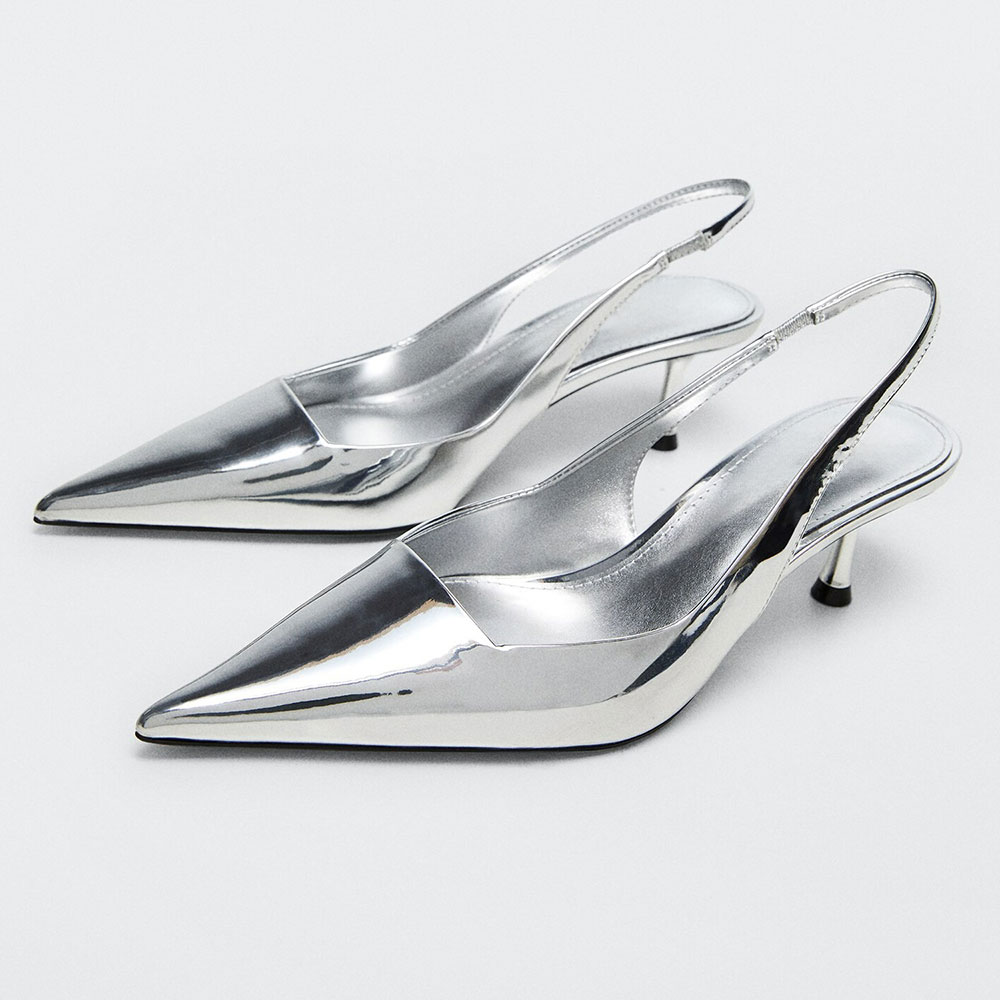 Metallic Silver Patent Leather Closed Toe Slingback Low Heel Pumps Nicepairs