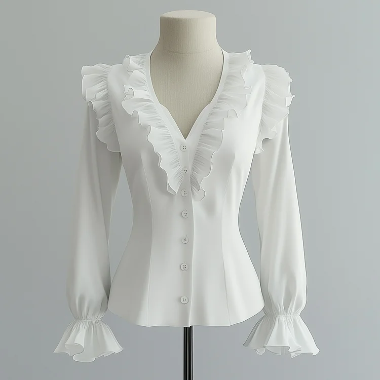 Ursime Ruffled V Neck Flare Sleeve Button Solid Blouse
