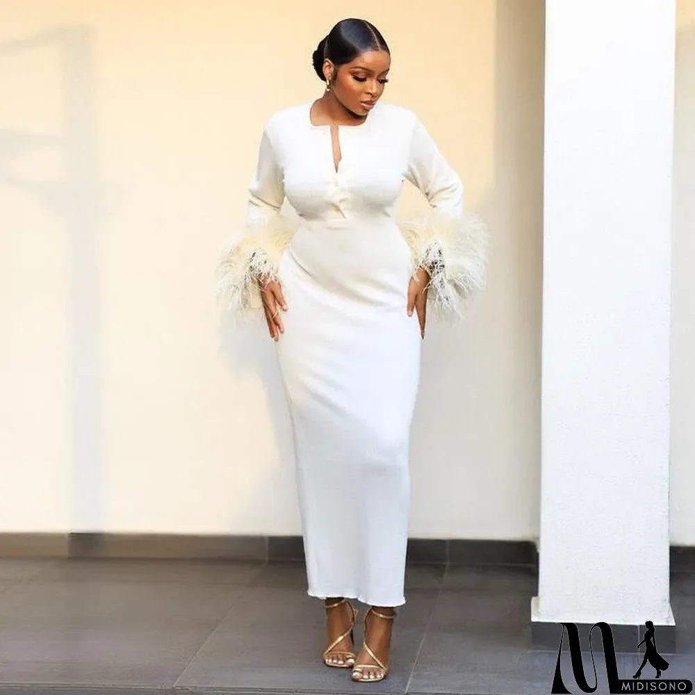 MidiSono - Plus Size Slim Fit Button Feather Long Sleeve Maxi Dress