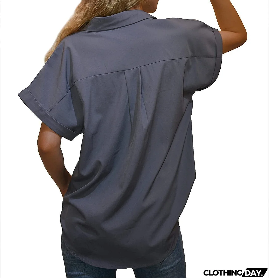 Women's Short-sleeved T-shirt V-neck Button-up Blouse