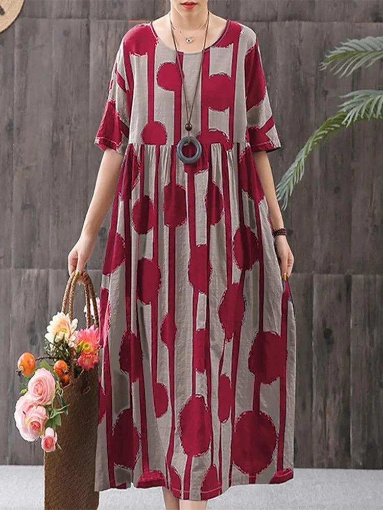 Cotton-Linen Dress Short Sleeve Dot Striped Print Casual Dress Loose