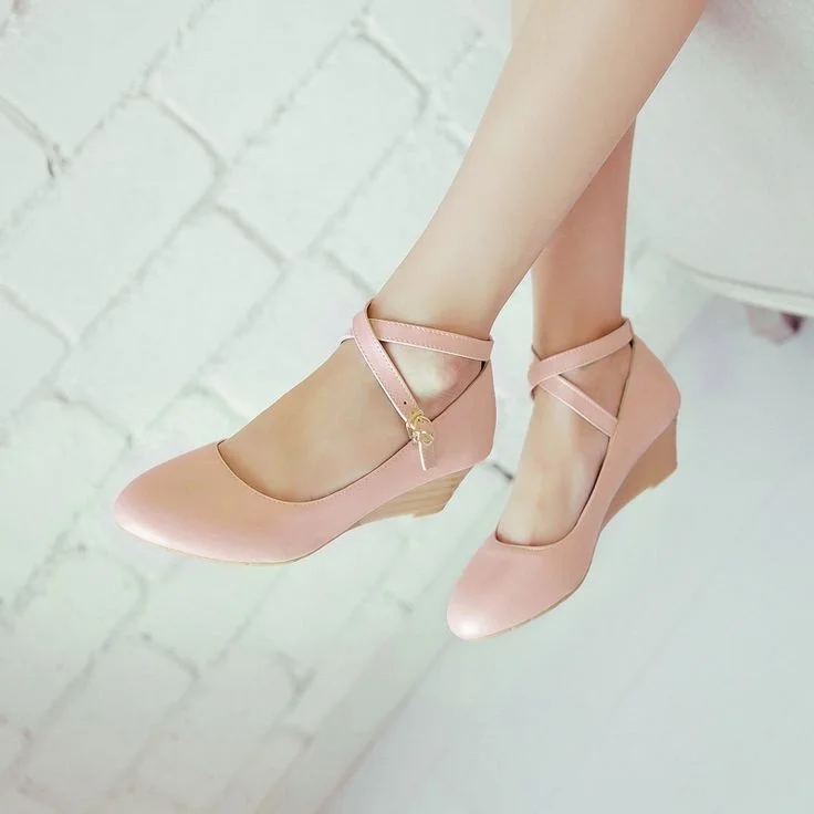 Pink Crisscross Strap Wedge Pumps - Low Heel & Closed Toe. Vdcoo