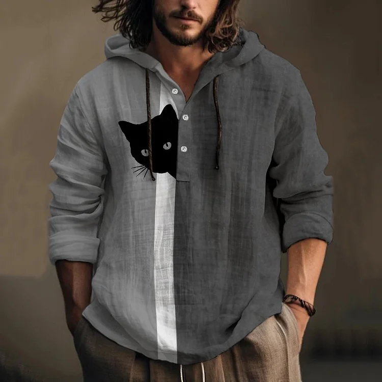 Men's Fun Hide And Seek Black Cat Print Hooded Shirt