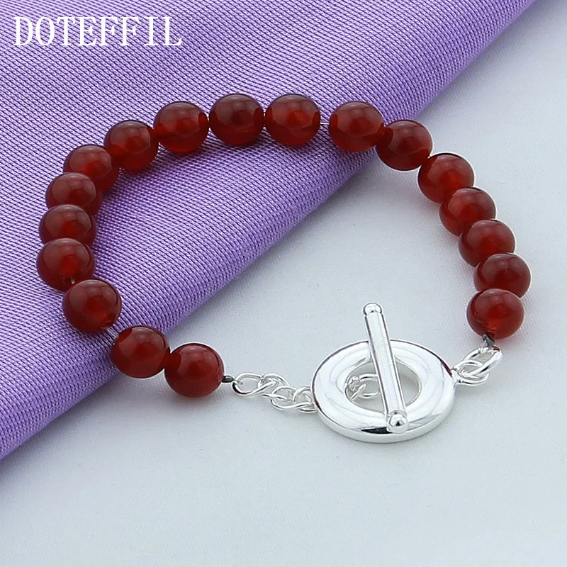 DOTEFFIL Red Agate Bracelet 925 Sterling Silver OT Buckle For Woman Jewelry