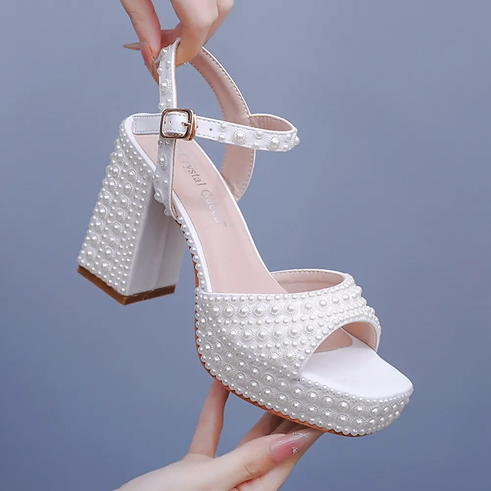 Breakj Breakj Cm Coarse Heel Fish Mouth Waterproof Table Sandals Round Head Square Sandals Side Sandals And Pearl Bridal Dress Shoes