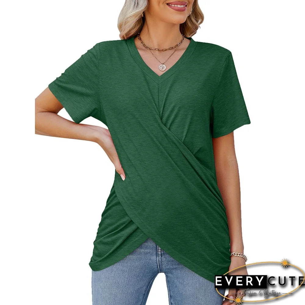 Dark Green Front Twist V Neck Short Sleeve Casual Tops