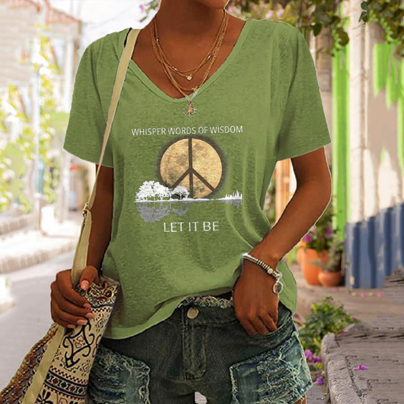 V-Neck Hippie Guitar Lake Whisper Words Of Wisdom Let It Be Print T-Shirt wearshes