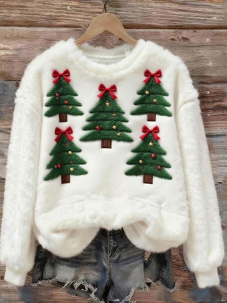 Christmas Bow Tie Christmas Tree Flannel Crew Neck Sweatshirt elevenforest
