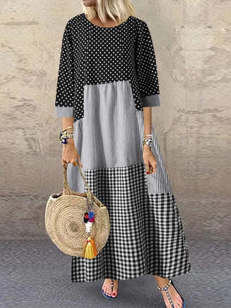 Casual Plaid Kaftan Sundress Women ZANZEA Spliced Dresses Printed Maxi O-Neck Holiday Bohemian Vestidos Robe Femme