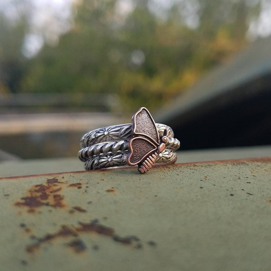 Vintage70s Butterfly and Wildflower Pattern Stack Ring Set Kendra Ring Handcrafted Ring Gift for Grandma Mom Girlfriend