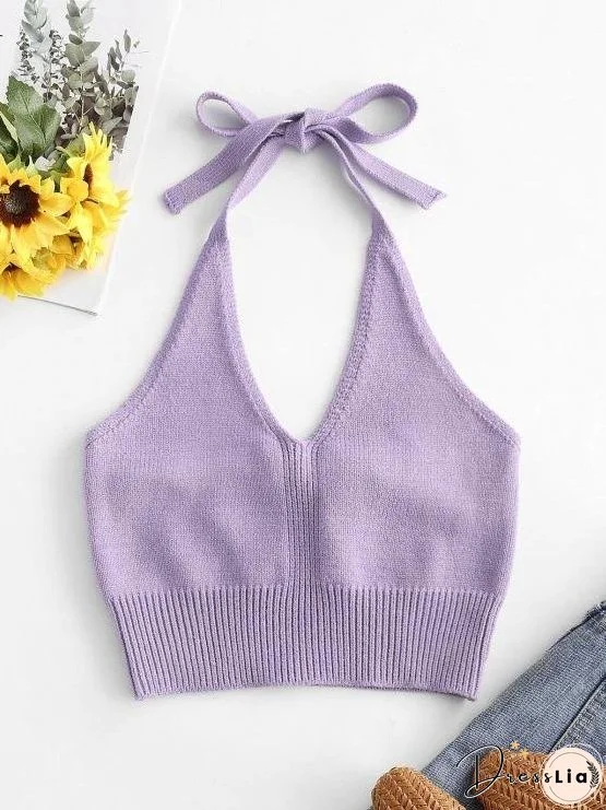 Solid Knitted Halter Crop Top for Women
