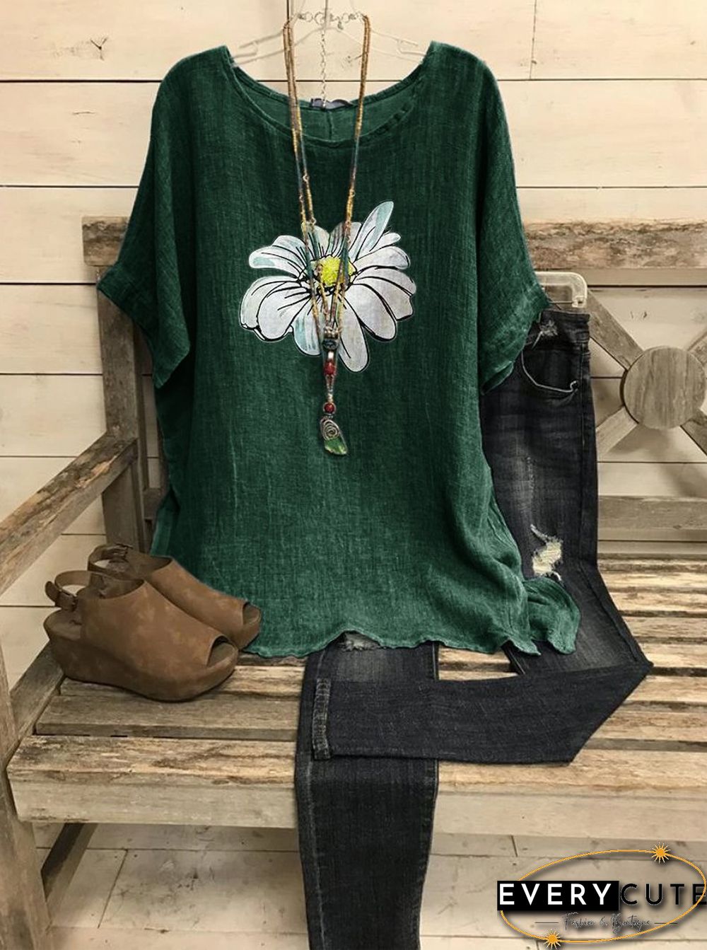 Summer casual retro small daisy printed short sleeve big round neck loose top