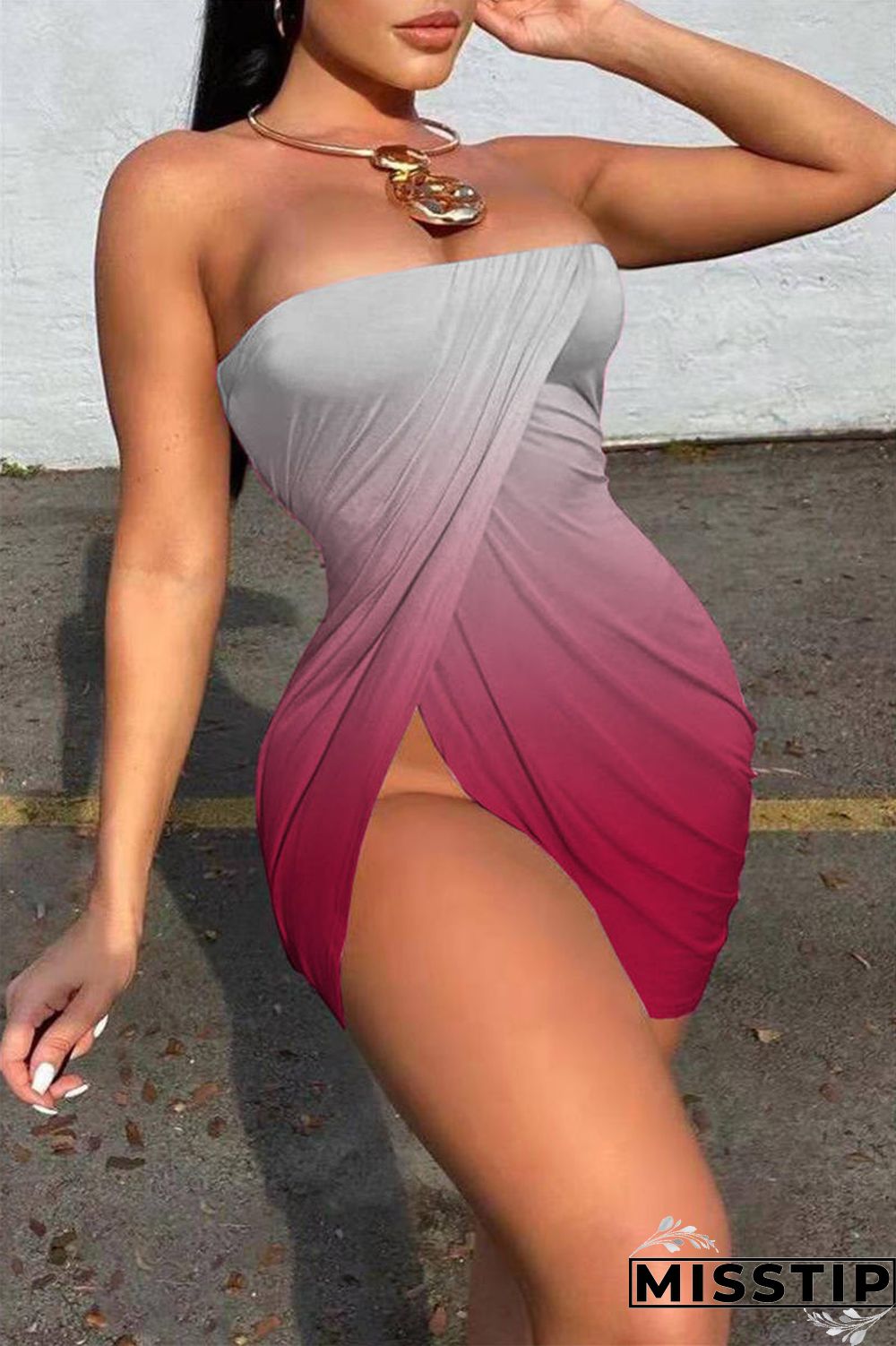 Colorful Blue Sexy Print Backless Asymmetrical Strapless Sleeveless Dress