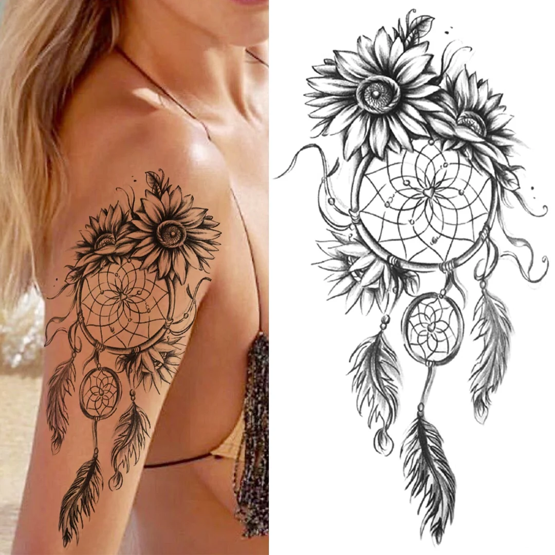 Beauty SunFlower Temporary Tattoos For Women Men Adult Cross Black Compass Tattoo Sticker Fake Lotus Waterproof Tatoos Back
