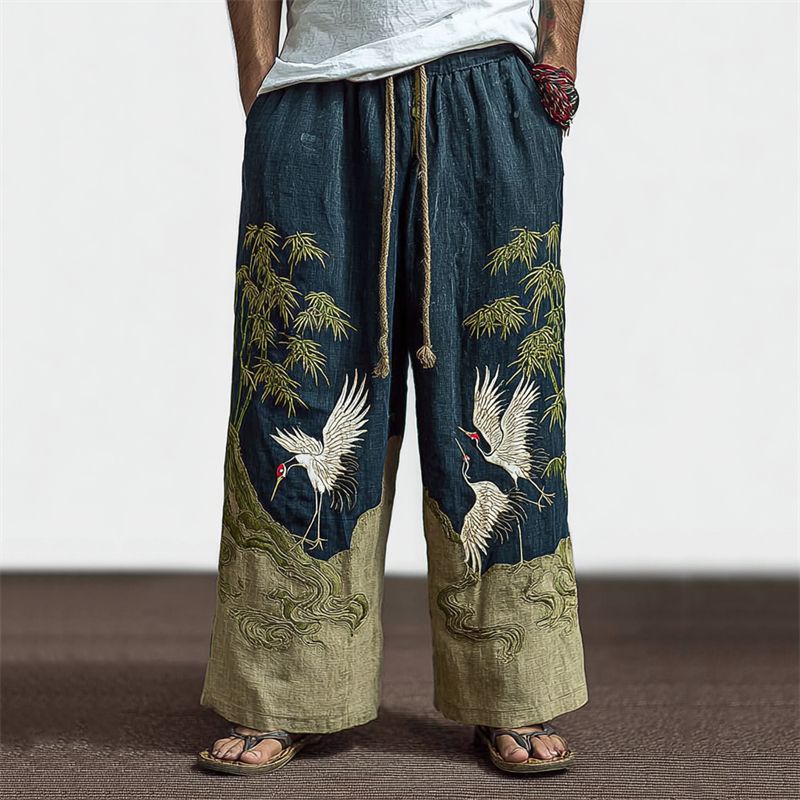 Men's Japanese Cranes & Bamboo Embroidered Contrast Linen Pants  artssus