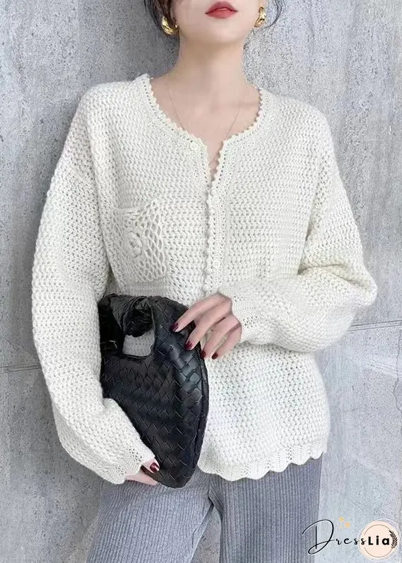 Simple Beige O Neck Hollow Out Button Patchwork Knit Top Fall