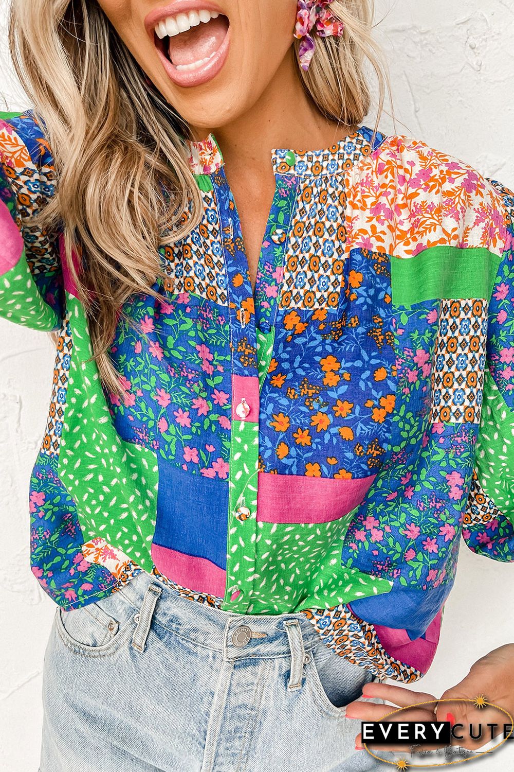 Multicolor Floral Patchwork Print Buttoned Puff Sleeve Shirt