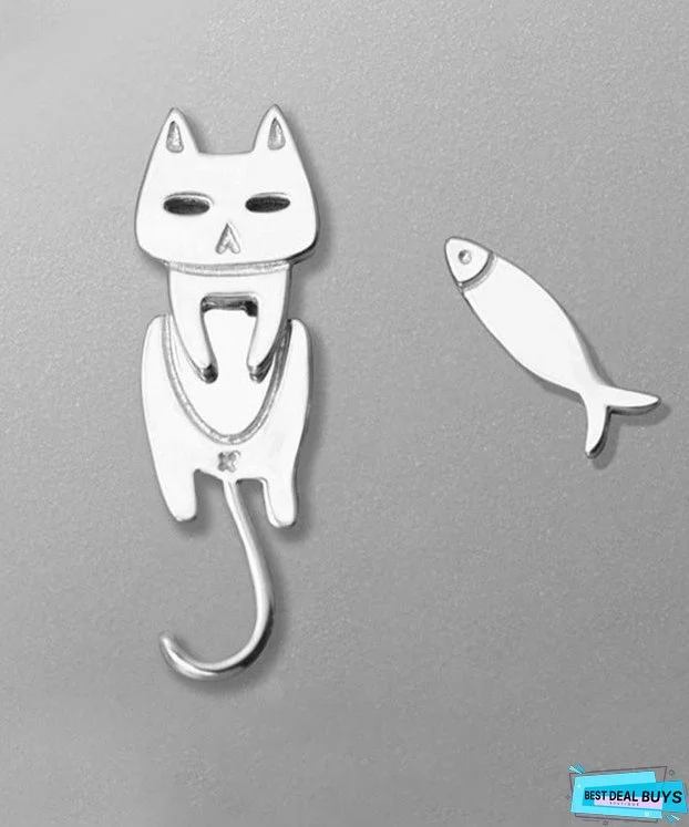 Women Stylish Cat and Fish Asymmetrical Design Metal Stud Earrings
