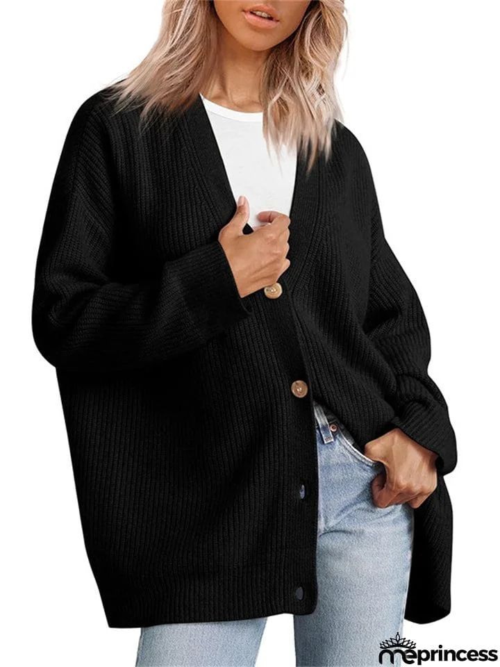 Female Versatile Trendy V-neck Solid Color Knitted Sweater