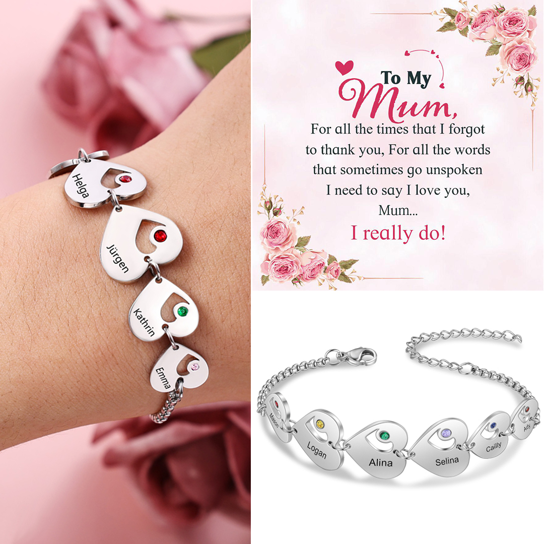 Heart Charm Personalised Birthstone Bracelet With Engraved