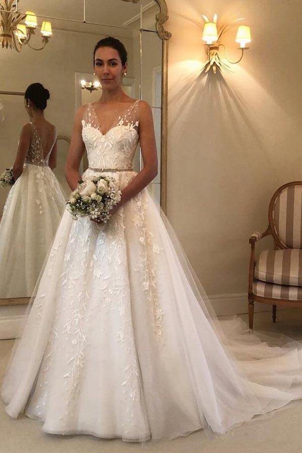 Modest A-line Open Back Long Wedding Dress With Sweetheart Tulle | Ballbellas Ballbellas