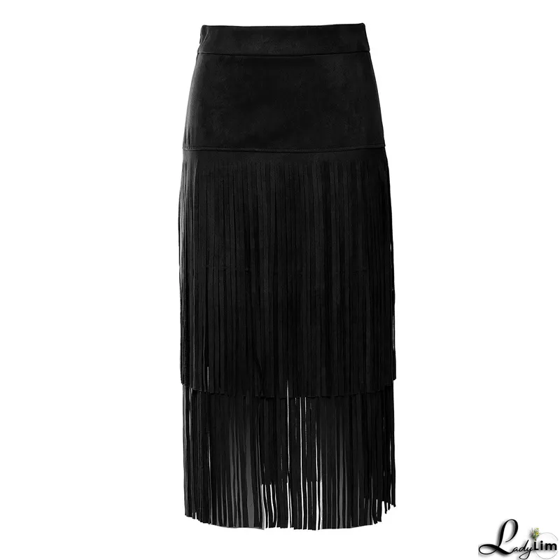 Vintage Solid Color Fringe Midi Suede Skirt