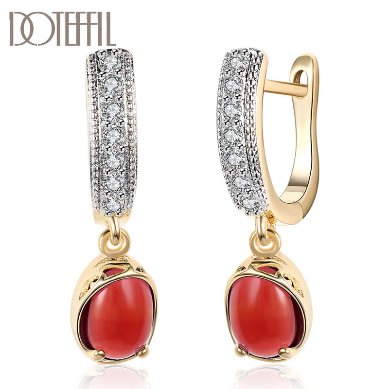 DOTEFFIL 925 Sterling Silver Red/Green AAA Zircon 18K Gold  Earrings For Women Jewelry 
