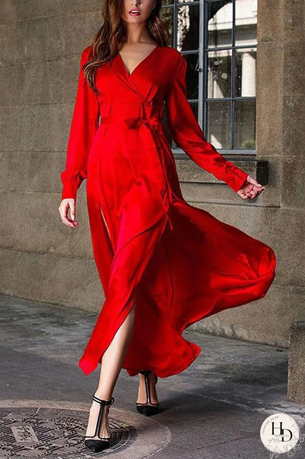 V-Neck Slit Design Sexy Maxi Dress P16338