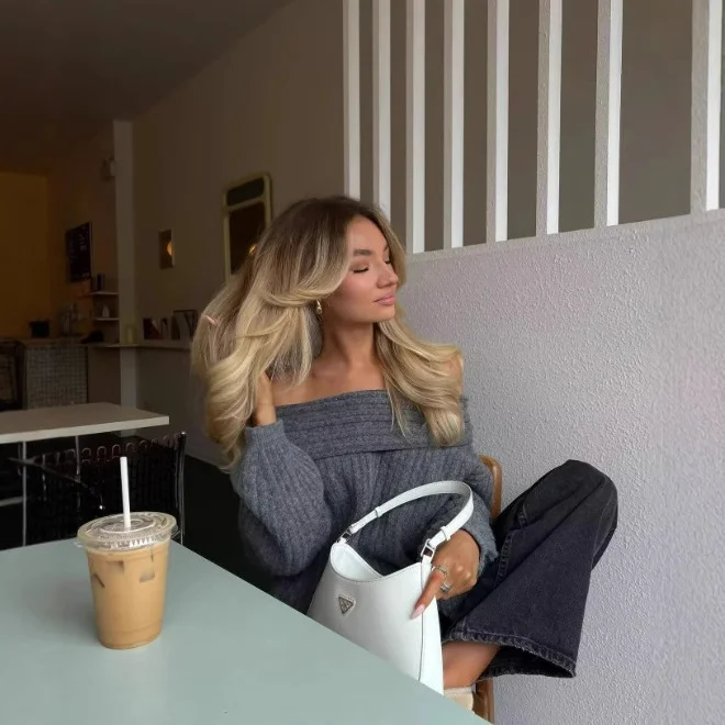 Nigikala Nigikala Women's Clothing INS Burst Temperament Simple Word Shoulder Long-Sleeved Sweater Top Loose